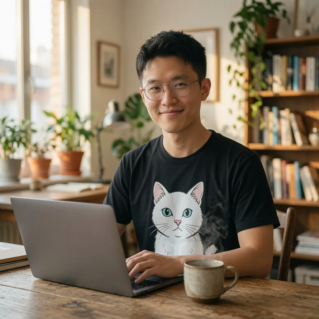 Dean Lee at a wooden desk with a laptop, wearing glasses and a black cat T-shirt